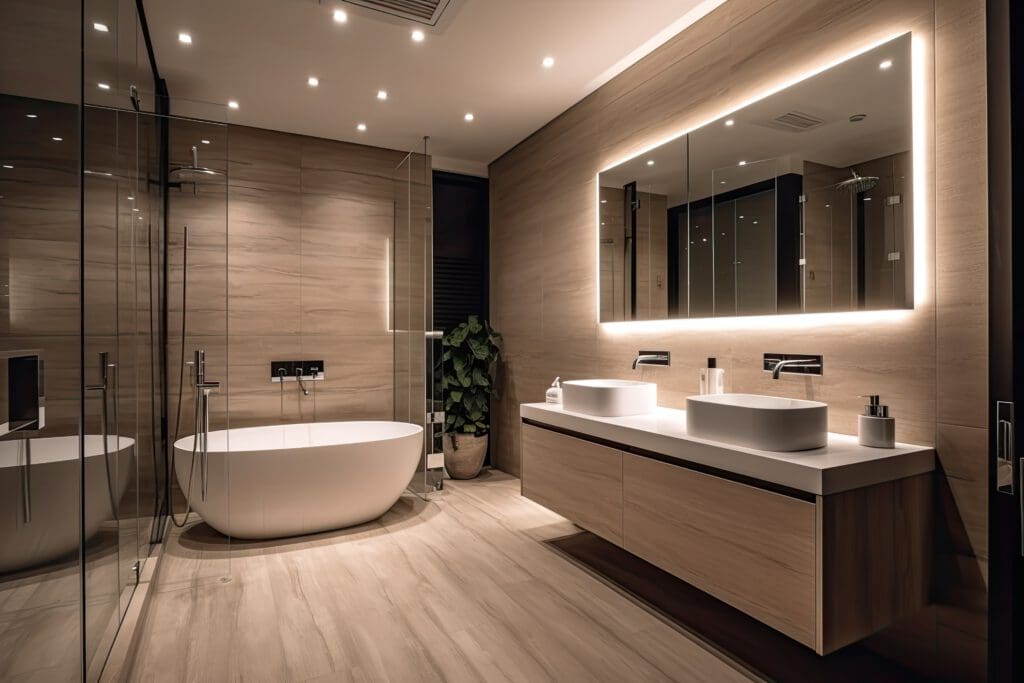A modern bathroom with a freestanding bathtub, double sinks on a floating vanity, a large illuminated mirror, glass shower enclosure, wood-paneled walls and floor, and a potted plant in the corner.