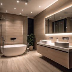 A modern bathroom with a freestanding bathtub, double sinks on a floating vanity, a large illuminated mirror, glass shower enclosure, wood-paneled walls and floor, and a potted plant in the corner.