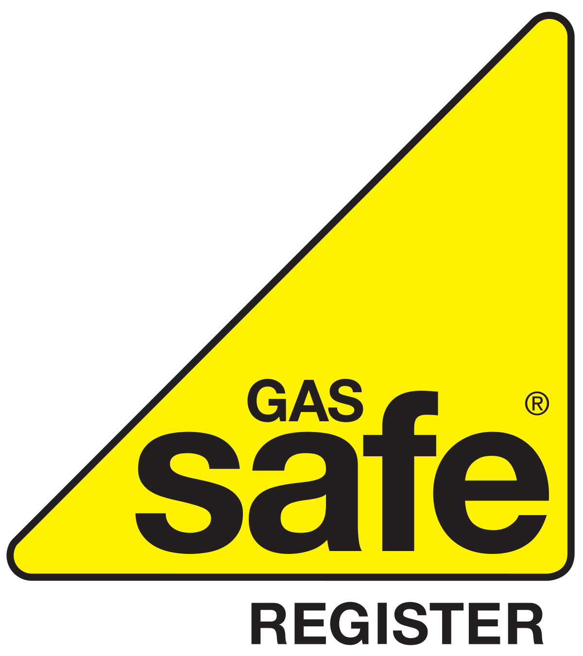 A yellow triangle with rounded edges containing the words "GAS safe" in black, and "REGISTER" written below in black text. This is the Gas Safe Register logo.
