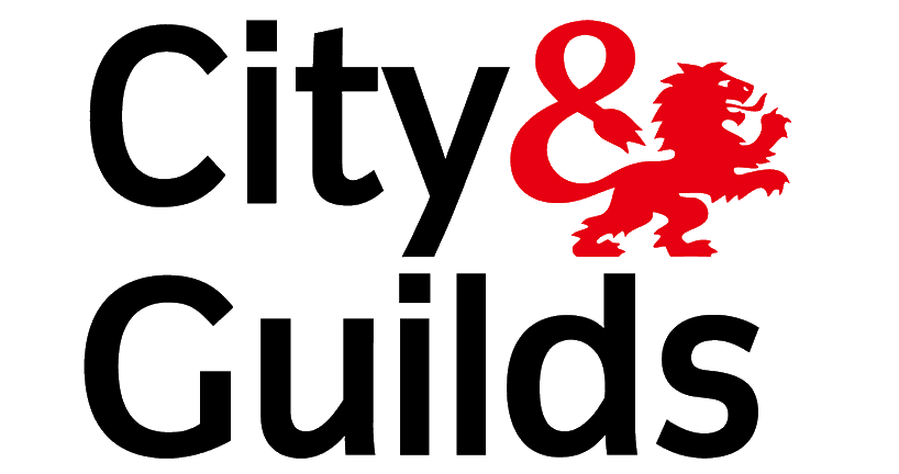 City & Guilds logo with black text reading “City & Guilds” and a red ampersand. To the right of the ampersand is a red lion passant graphic. White background.