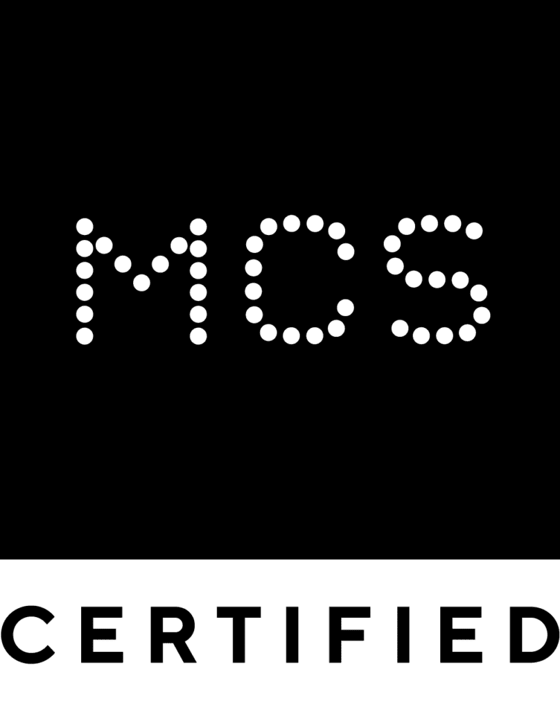 The image displays the letters "MCS" in dotted white text on a black background, with the word "CERTIFIED" in bold black letters on a white background below.