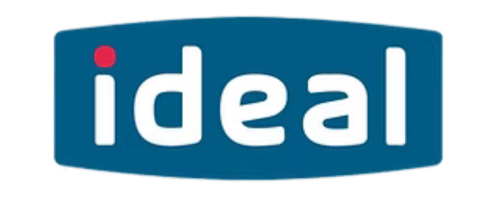 The image shows the "ideal" logo with lowercase white letters on a blue rounded rectangle. The dot above the "i" is red.