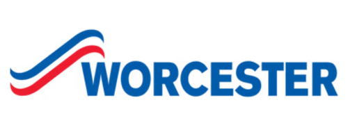 The image shows the word "WORCESTER" in bold blue capital letters with a curved red and blue swoosh above the text on a light grey background.
