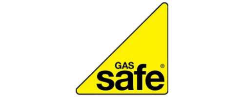 A yellow triangle with the words "GAS safe" in black, representing the Gas Safe Register logo for gas safety certification.