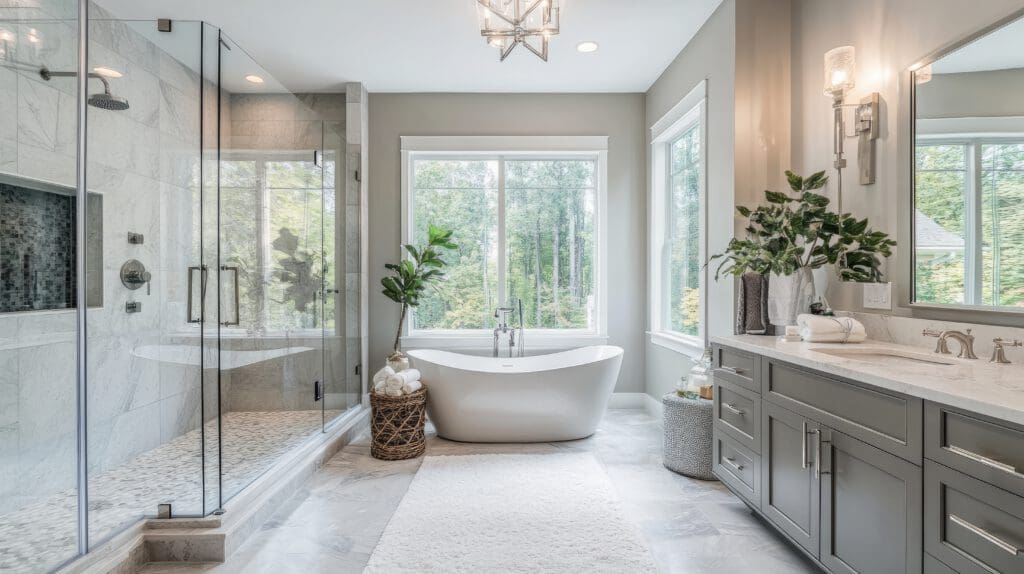 Modern bathroom with a freestanding tub by large windows, a glass walk-in shower, gray vanity with double sinks, decorative plants, wall sconces, and a light rug on marble flooring.