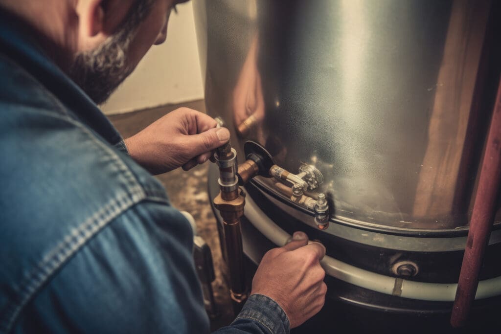A person in a denim shirt repairs or inspects a valve on a metal water heater, using both hands to adjust the fittings and connections.