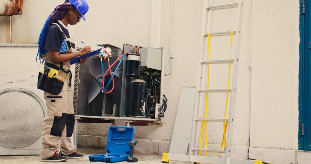A technician in uniform and a blue hard hat inspects and records data from an open outdoor HVAC unit. Tools and a ladder are nearby, and the scene is set against a light-colored building wall.