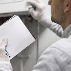 A person wearing white gloves holds a blank notepad and pen while inspecting or repairing a piece of equipment mounted on a wall. The scene suggests maintenance or technical work.