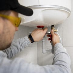 A person wearing safety glasses and a cap is using a wrench to repair or install a white water heater mounted on a tiled wall. Pipes and fittings are visible beneath the heater.