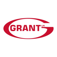 Red and white logo with the word "GRANT" in bold red letters, "UK" in smaller text, inside a red oval outline on a white background.