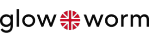 Text logo "glow worm" in lowercase black letters, with a red circle containing a white Union Jack flag between the words, serving as the "o" in "glow" and "worm.