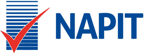 NAPIT logo featuring blue horizontal lines forming a rectangular shape on the left, a large red checkmark over the lines, and the word "NAPIT" in bold blue letters to the right.